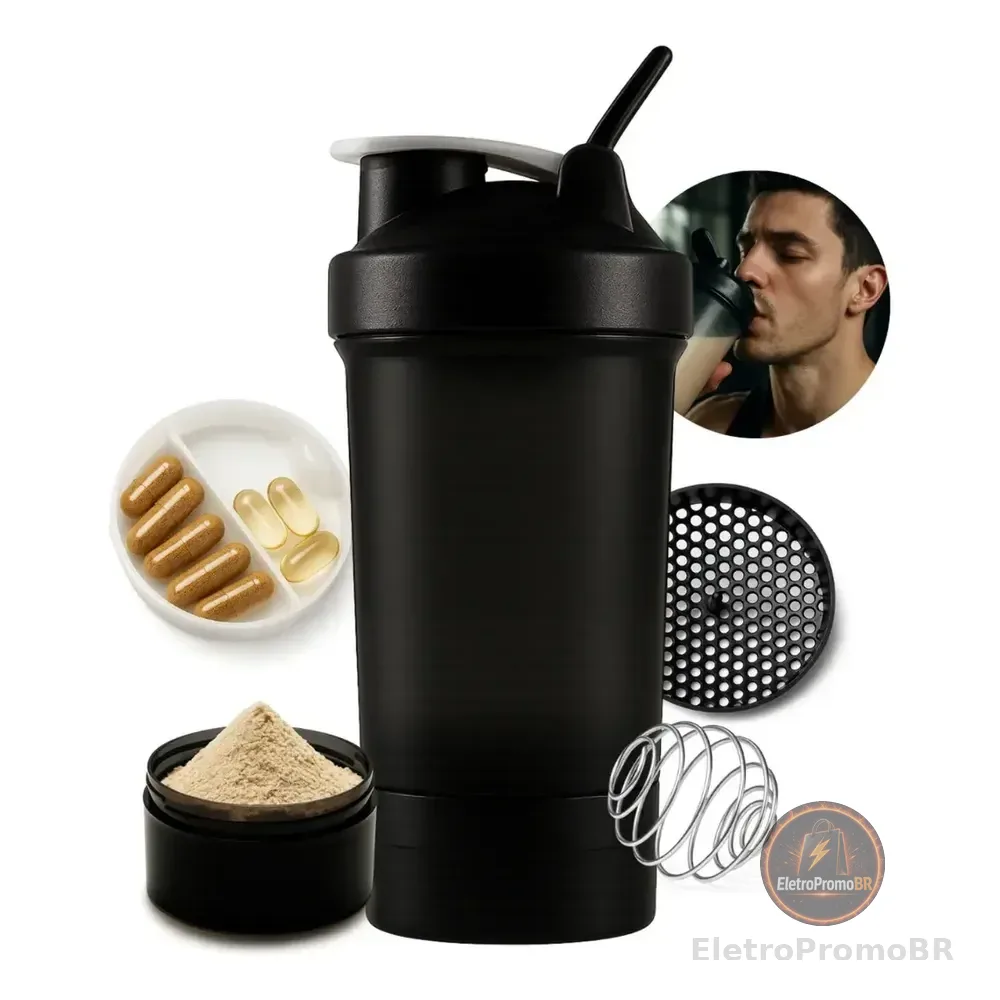 Coqueteleira Shaker Academia Compartimento Shaikeira Suplementos Whey Cápsulas Comprimidos Fit 500ml Home Safe Home
