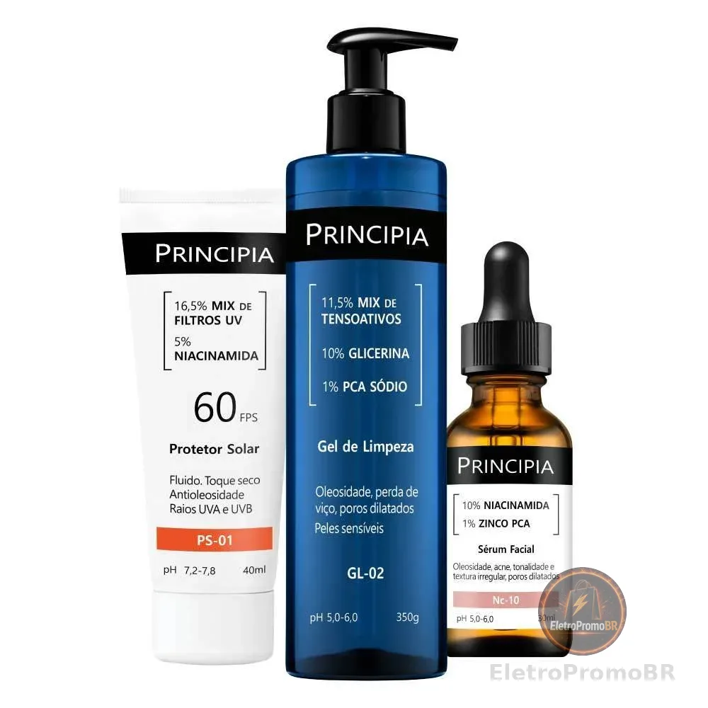 Principia Kit Trio Anti Oleosidade c/ Gel de Limpeza Gl-02 + Sérum Niacinamida + Protetor Solar PS-01 FPS60