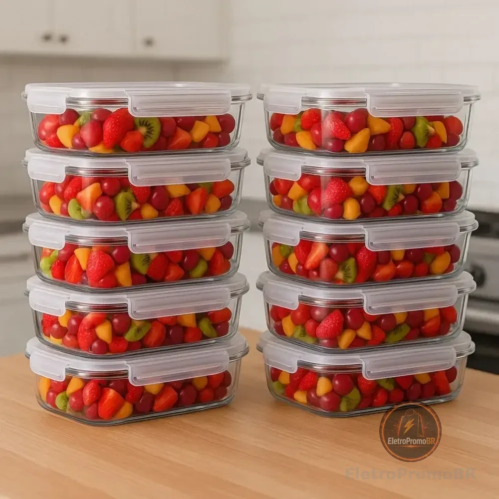 Conjunto 10 Potes 640ml Vidro Hermético 4 Travas Marmita Sortida