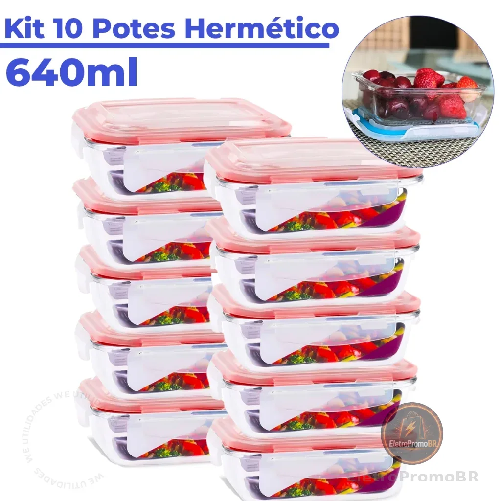 Kit Pote de Vidro Hermético Retangular 640 ml 5 ou 10 Unid Marmita Microondas