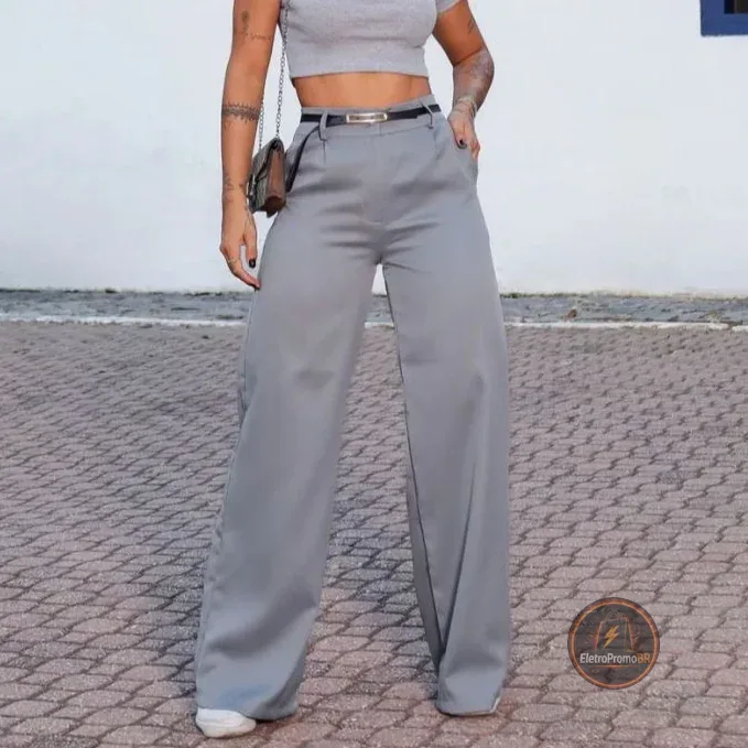 Calça Social Feminina Pantalona Alfaiataria Com Cinto