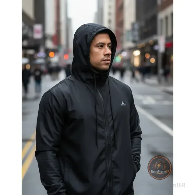 Jaqueta Corta Vento Masculina Capuz Impermeável Zíper Bolso