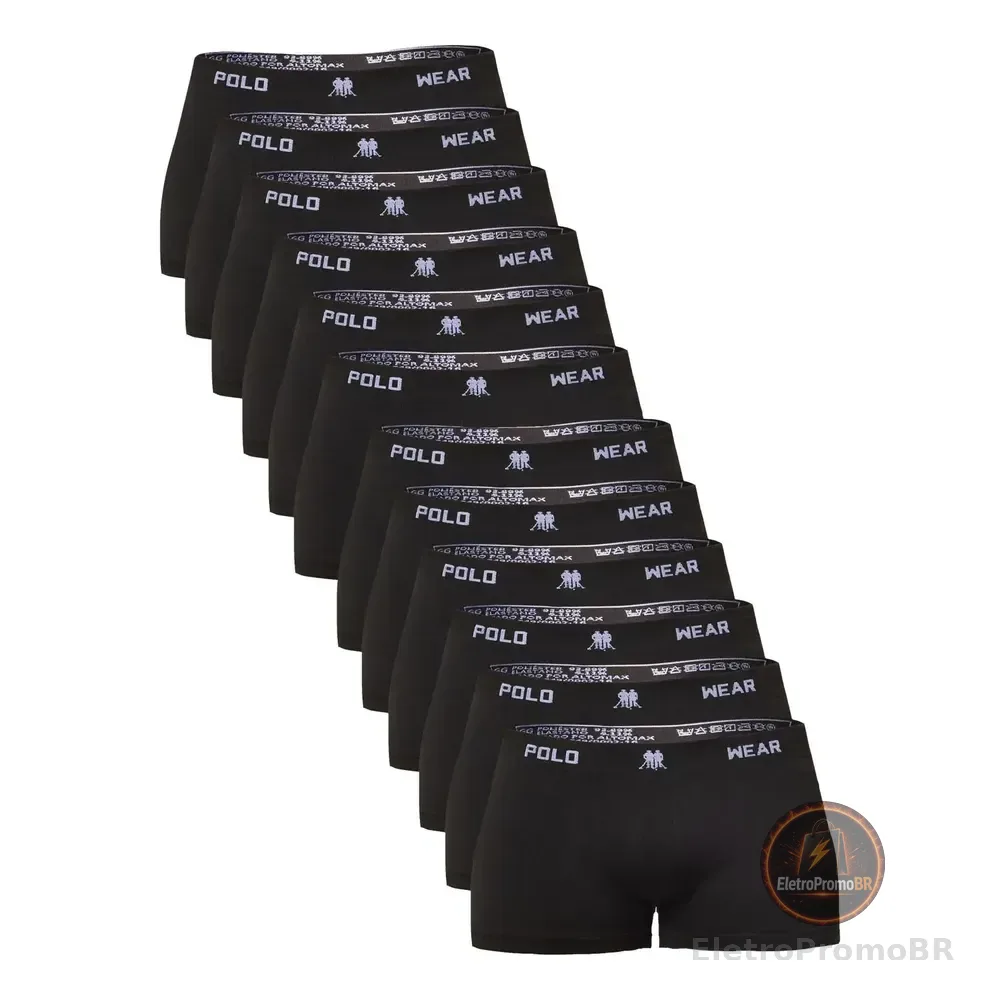 Kit 12 Cuecas Boxer Polo Wear Masculino Microfibra Liso Preto Liso G