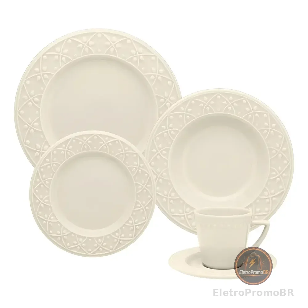 Aparelho De Jantar E Chá 30 Peças Mendi Marfim Oxford Cor Branco Off White Liso Com Textura