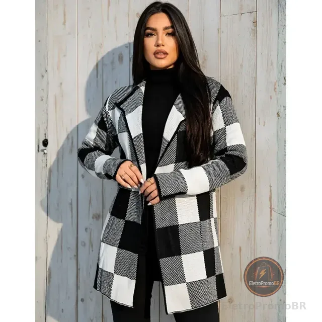Sobretudo Cardigan Kimono Xadrez Tricot Inverno