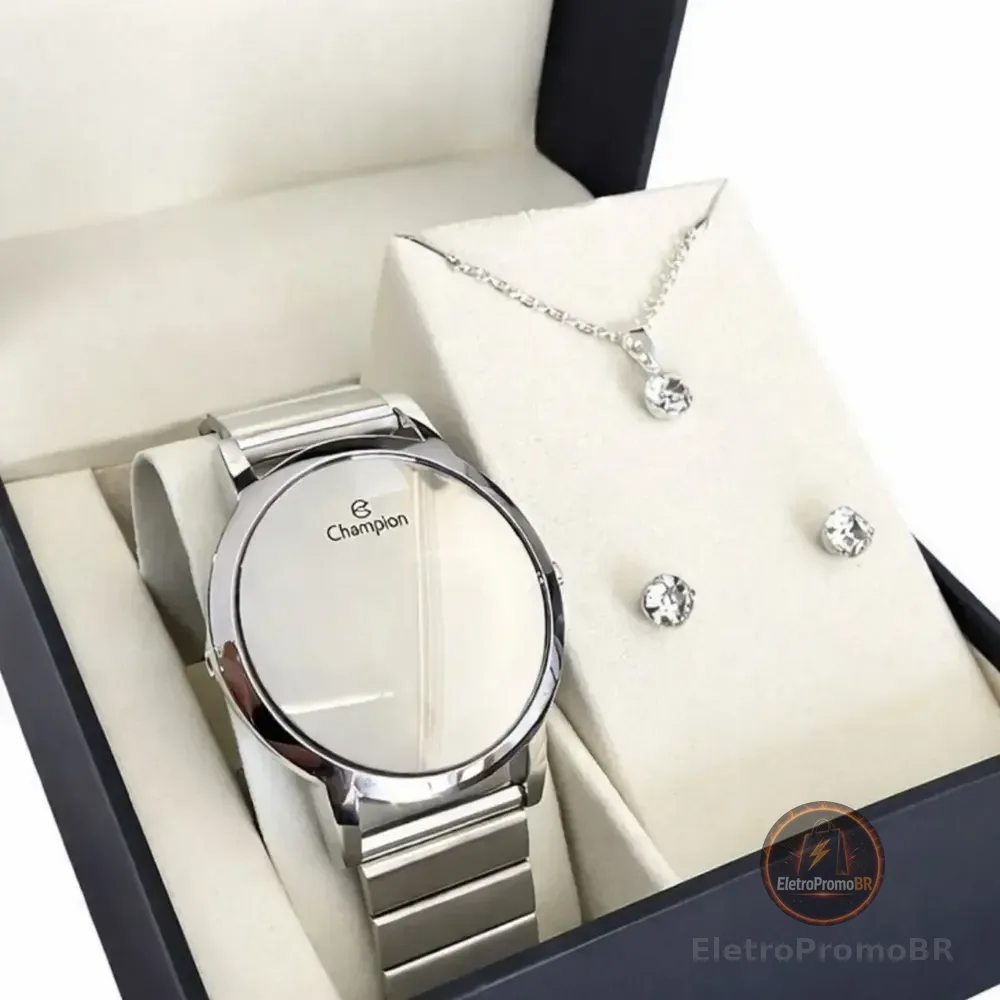Kit Relógio Feminino Champion Digial Led Espelhado Prata Prateado Pulseira Em Aço Inoxidável + Colar E Brincos Arisca Branco