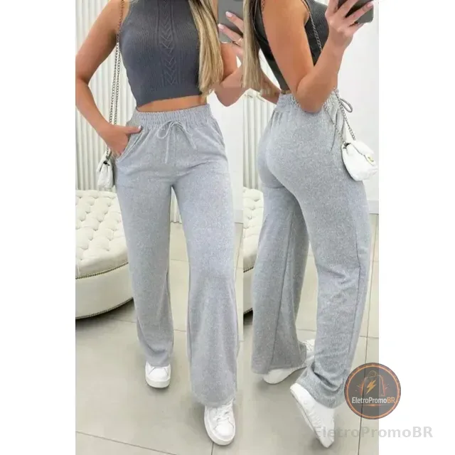 Calça Feminina Lãzinha Pantalona Cintura Alta Com Bolso