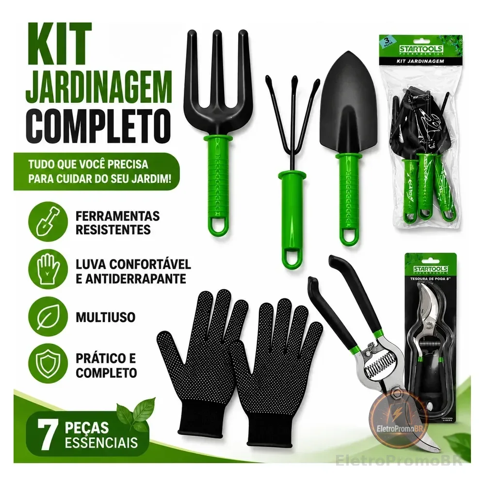 Kit Jogo Jardinagem Jardim Pá Tesoura Poda Luva 5 Peças