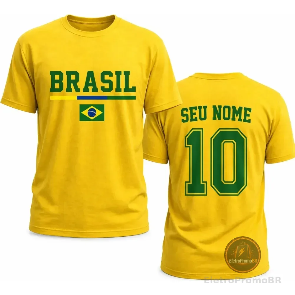 Camisa Brasil Personalizada Com Nome 100% Algodao Copa Hexa Amarelo M