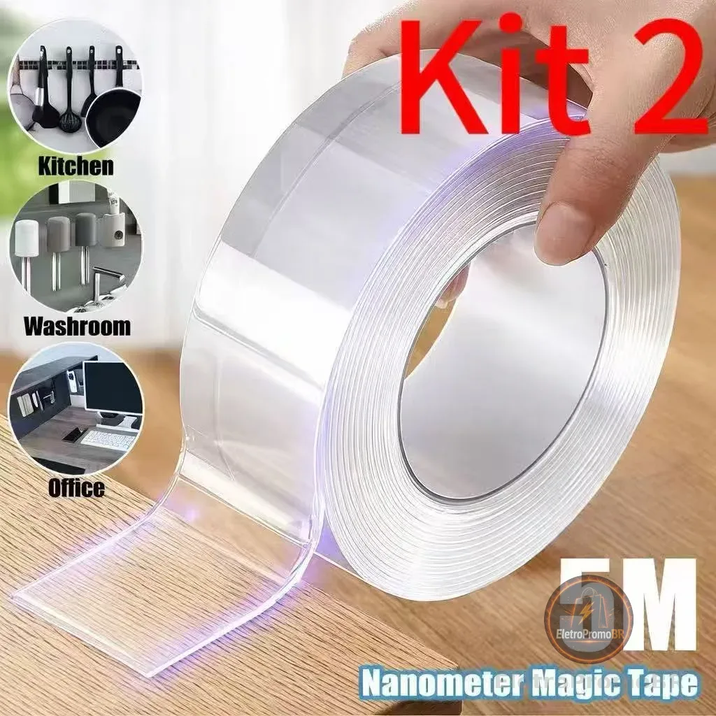 Fita Dupla Face Transparente NanoGel 5M Kit 2 – Extra Forte, Reutilizável, Adesiva Mágica de Silicone para Parede, Porta