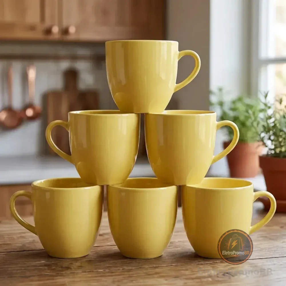 Jogo 6 Xicara Café Chá Porcelana 170ml Cor Amarelo Xícara Chá