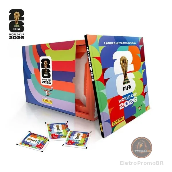 Box Gaveta Álbum de Figurinhas Capa Dura (Colorido) Copa do Mundo FIFA 2026 EUA com 60 Pacotes de Figurinhas Panini