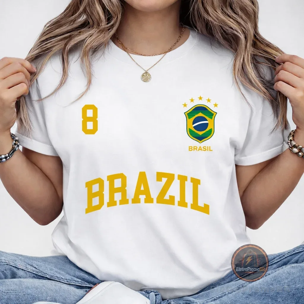 Camiseta Brasil Feminina Estilo Retrô Número 8 Camisa Copa do Mundo Moda Casual Streetwear