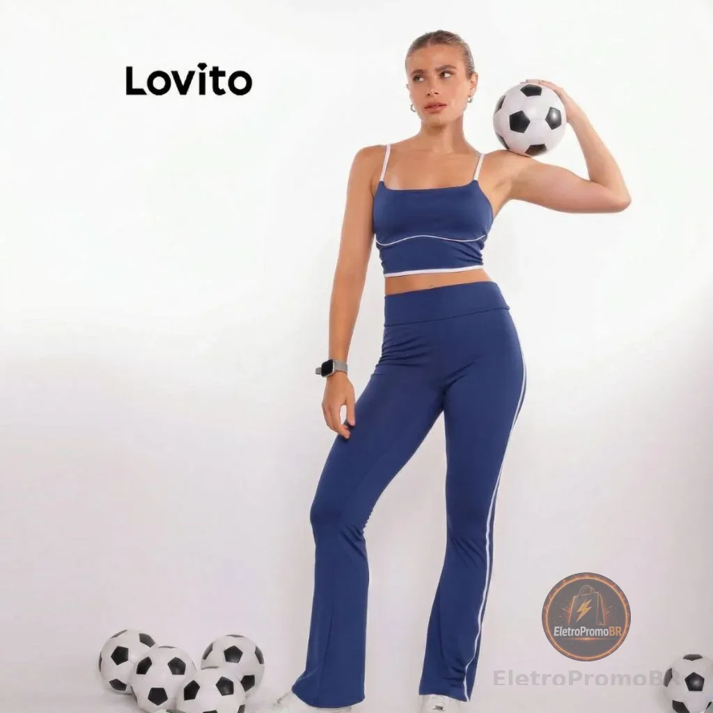 Lovito Calça Esportiva Feminina Flare com Contraste Lateral SPB17301760