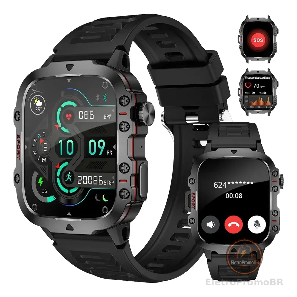 Smartwatch Foxbox Tático Bw0667a Preto Para Homens, Com Chamadas Bluetooth E Tela De 1.96