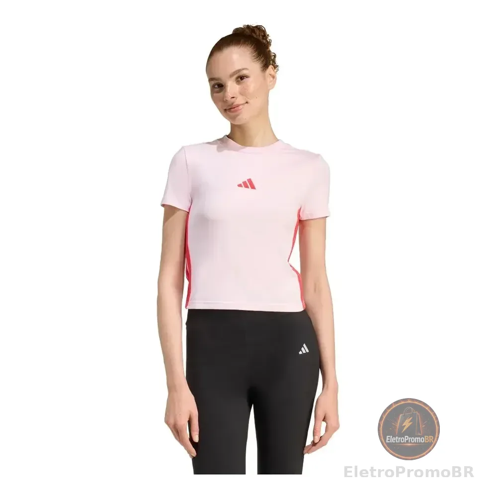 Camiseta Baby Look Essentials Três Listras Slim adidas Rosa / Clear Pink / Pure Ruby M