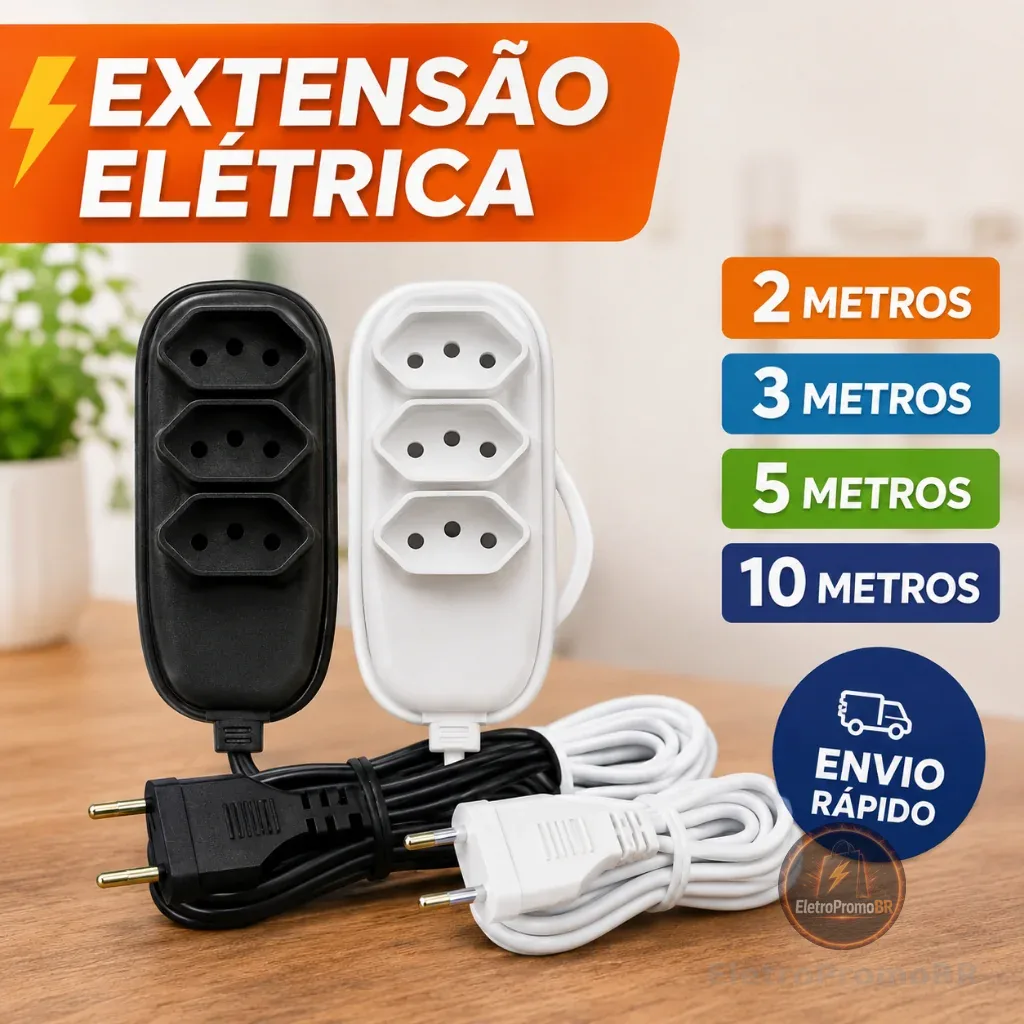 Extensão Elétrica 2, 3, 5 ou 10 METROS - BIVOLT 110/220V 10A TRIPOLAR RESISTENTE COR PRETA BRANCA