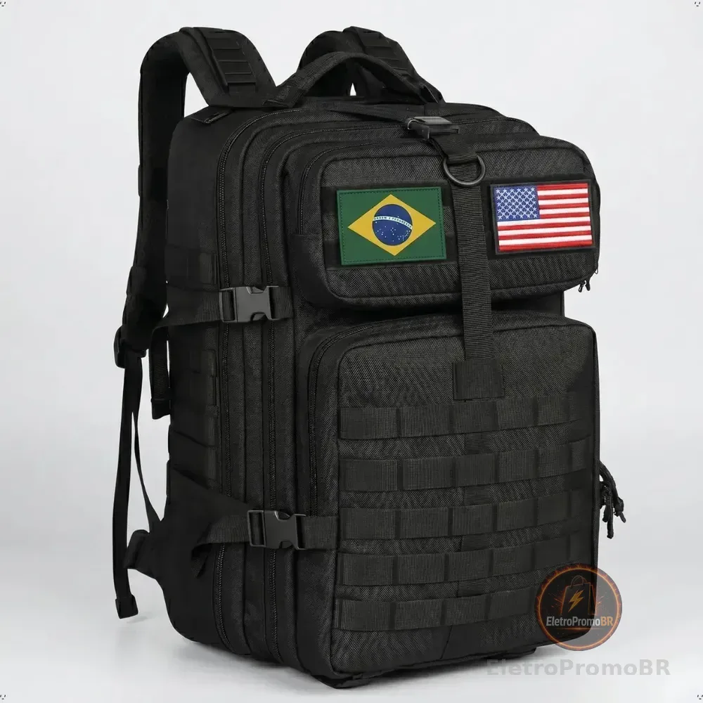Mochila Tática Militar 50l Masculina Reforçada Impermeável Viagem Camping Pesca Com 2 Patchs Bandeiras Brasil Eua Preta Bagear Preto Liso