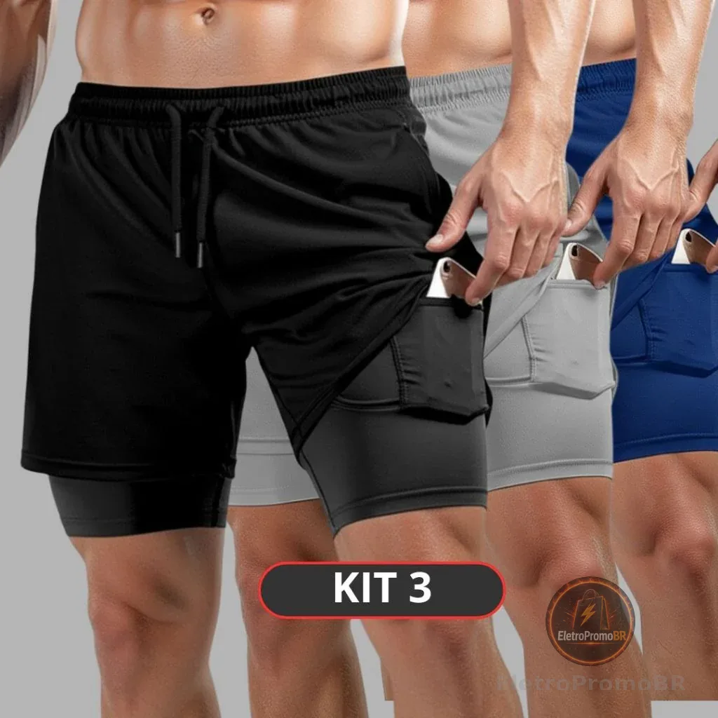 Kit 3 Bermudas 2 em 1 Masculina para Exercícios Físicos