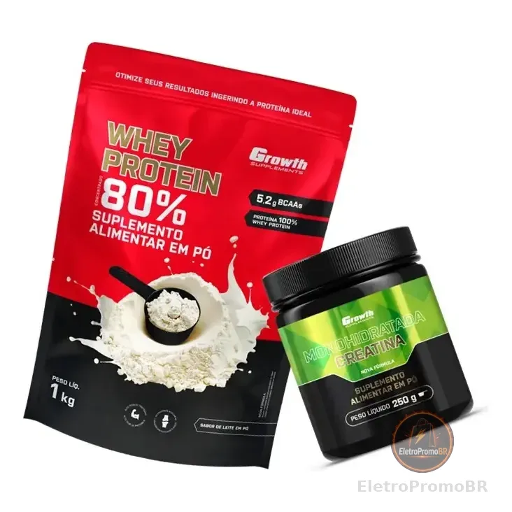 Kit Growth: Whey Protein Concentrado Leite Em Pó 1kg + Creatina Monohidratada Sem Sabor 250g