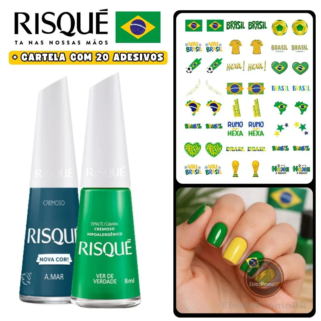 Kit 2 Esmaltes Risqué Azul e Verde + 20 Adesivos Brasil Copa 2026