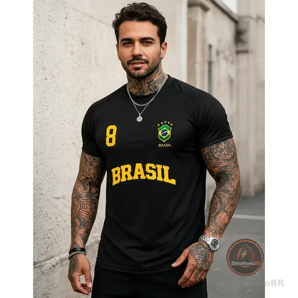 Camisa Brasil Camiseta Torcedor Copa Masculina Dry Fit Uv Preto G