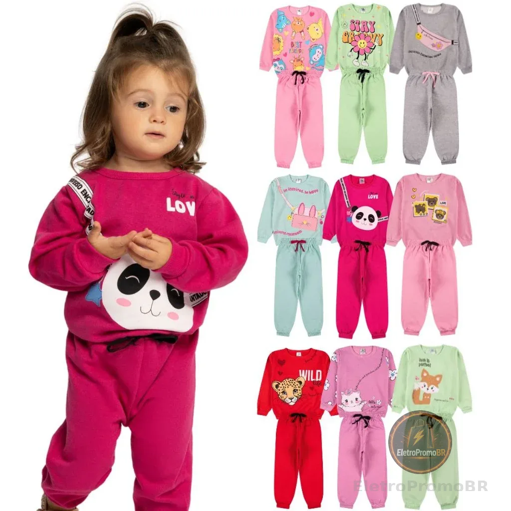 Kit Sortido 4 Peças Moletom Roupa De Bebê Menina Infantil Inverno - 2 Casacos + 2 Calças - Tamanhos 6 Meses a 24 Meses
