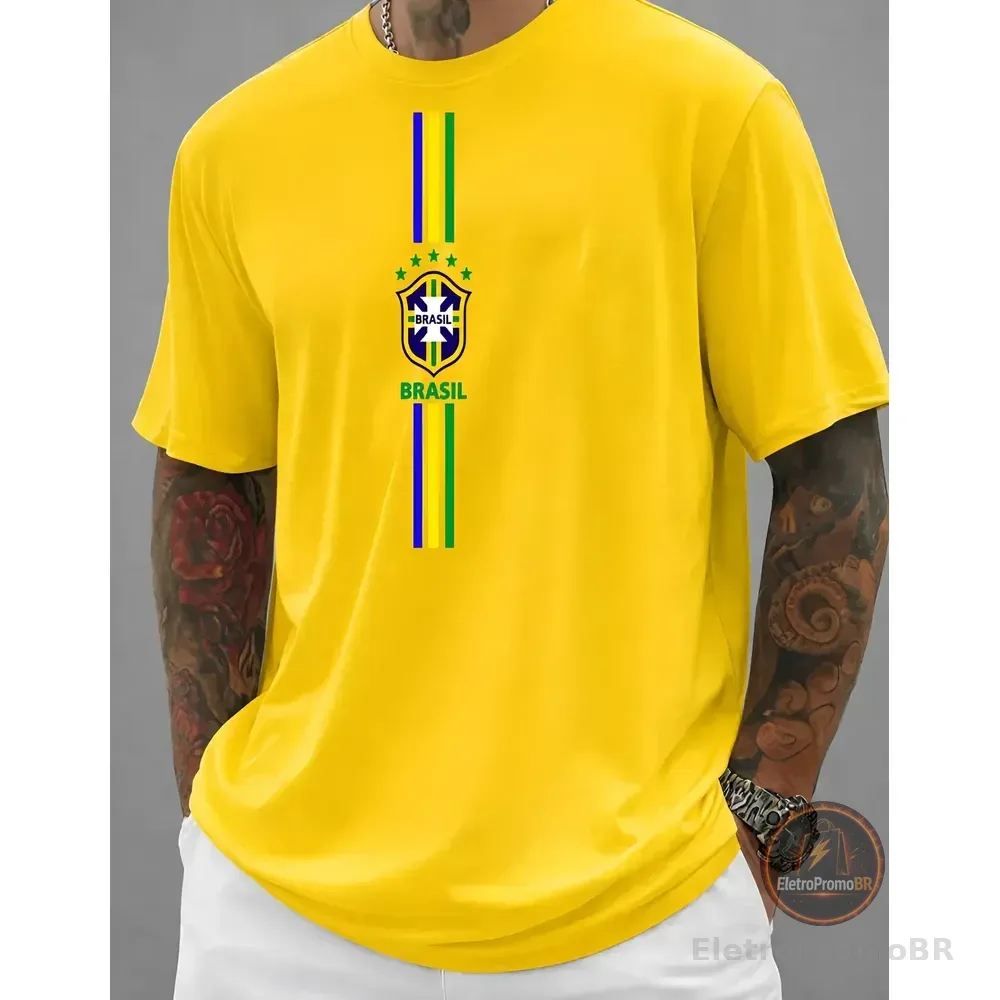 Camiseta Masculina Básica  Algodão Brasil Amarelo G
