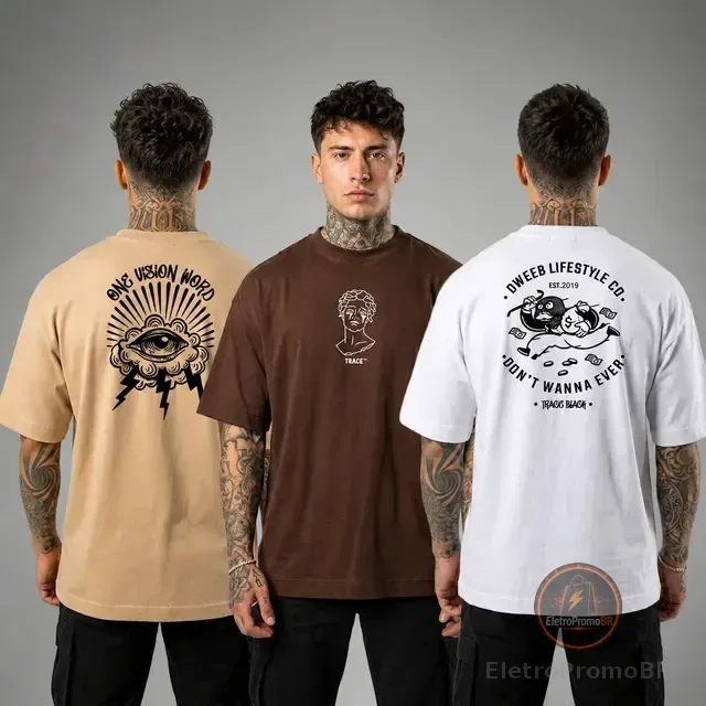 Kit 3 Camiseta Oversized Masculina Trace Black 100% Algodão