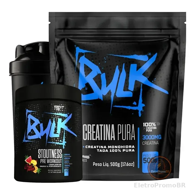 Creatina Pura 500g + Pré Treino 300g + Shaker 600ml