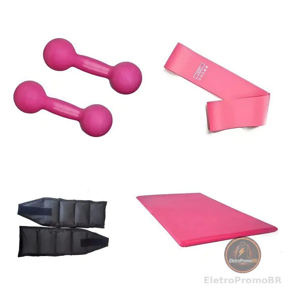 Kit Aeróbico Halter 2 Kg + Caneleira 3 Kg + Colchonete Rosa