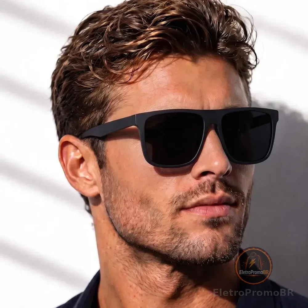 Oculos De Sol Masculino Quadrado + Case Com Proteção Uv400 Quadrado Armação Preta / Lente Preta / Quadrado