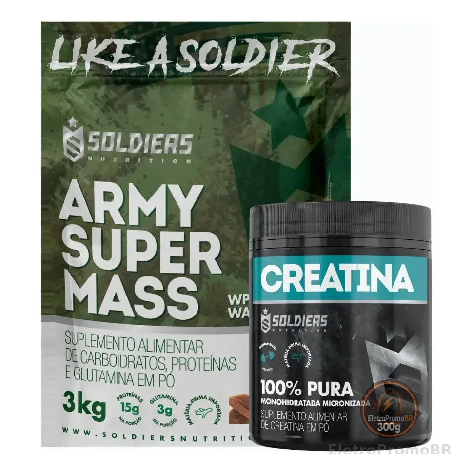 Kit: 1 Hipercalórico 3kg + 1 Creatina 300g - Soldiers Nutri Sabor Chocolate