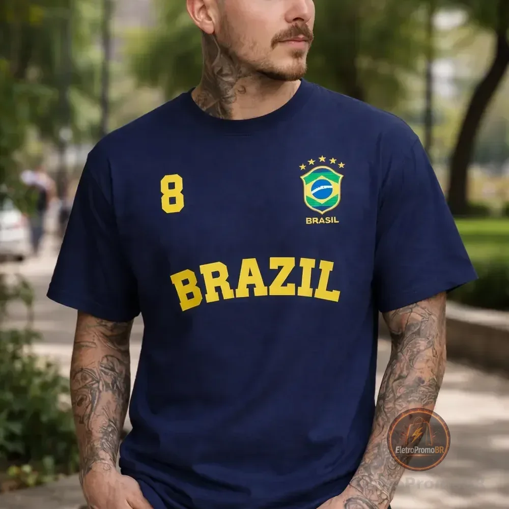 Camiseta Masculina Malha Premium Brasil 100% Algodão Azul Dtf Gg