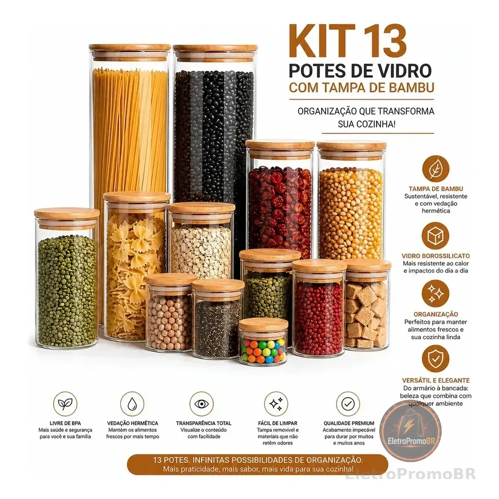 Kit 13 Potes Herméticos De Vidro Com Tampa De Bambu Para Organizar Cozinha Swave Transparente