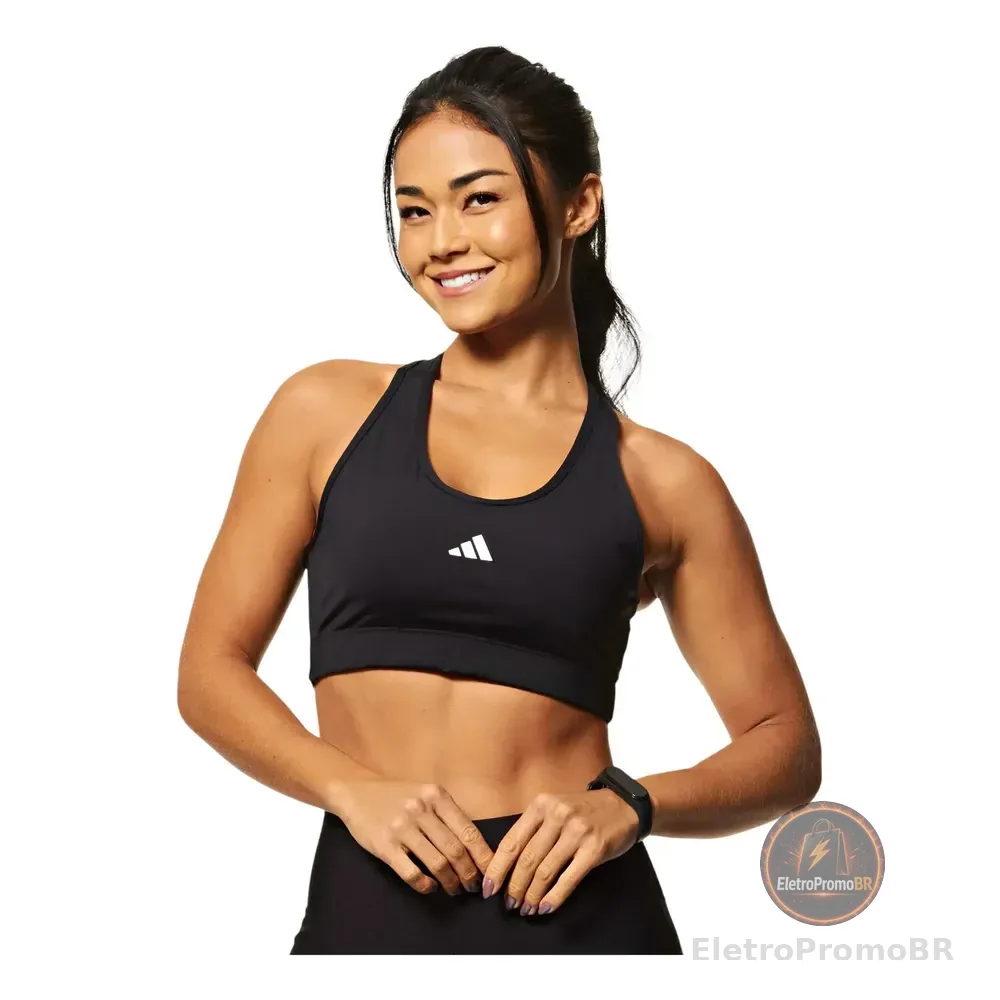Top Treino Básico Suporte Médio Feminino adidas *oferta* Black Liso M