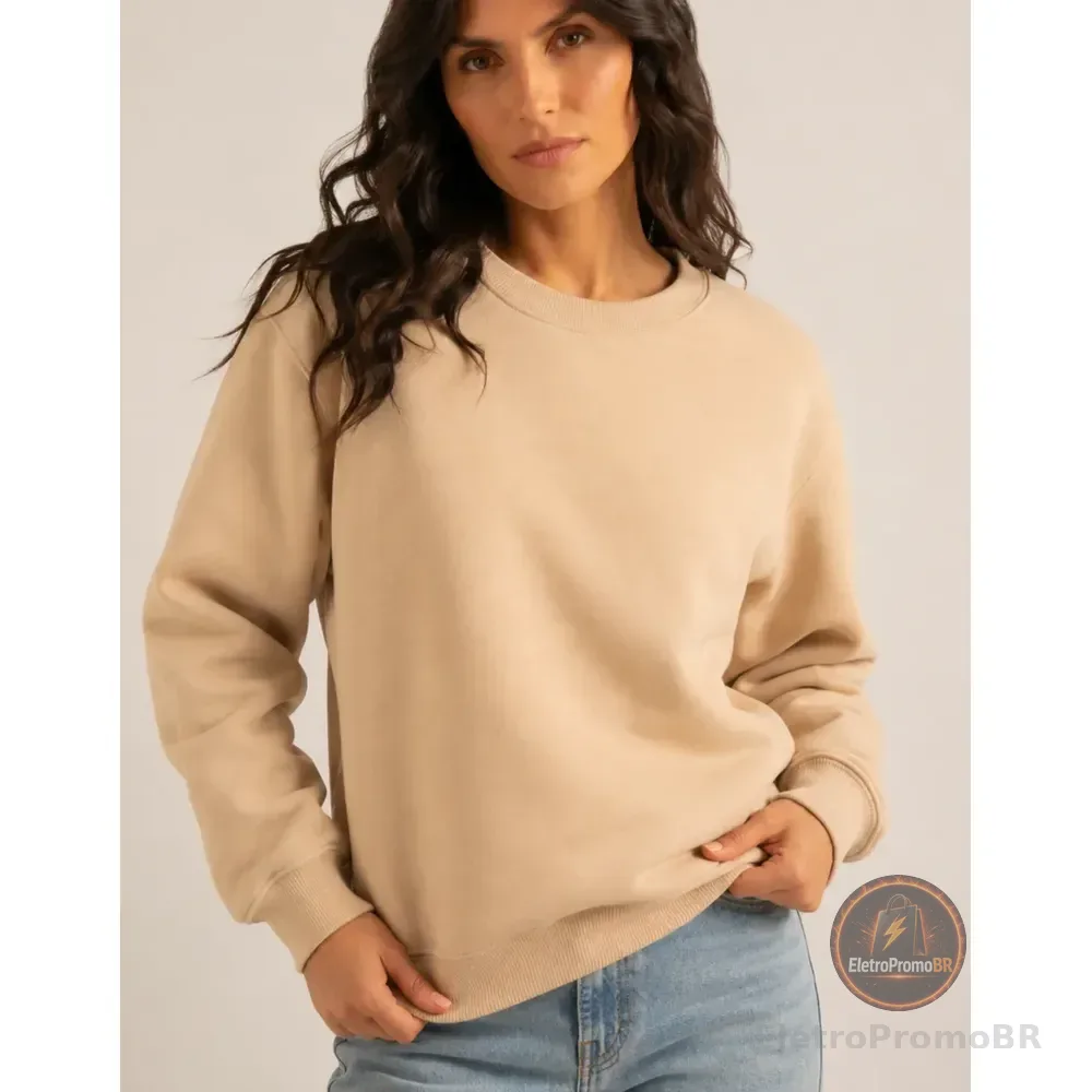 Moletom Blusa De Frio Fechada Aveludada Gola Redonda Inverno P Bege Liso