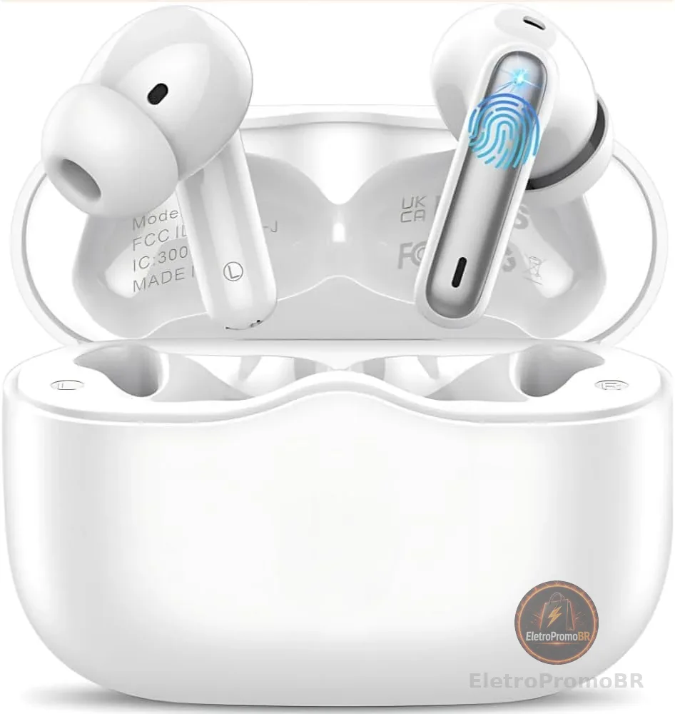 Fone De Ouvido Bluetooth 5.4, Com Borrachinhas, Compatível Com Todo Celular, Cancelamento Ruído, Bateria 16 Horas, Microfone, Controle Touch, Resistente a Agua, Cabo de Carregamento - Linha Premium