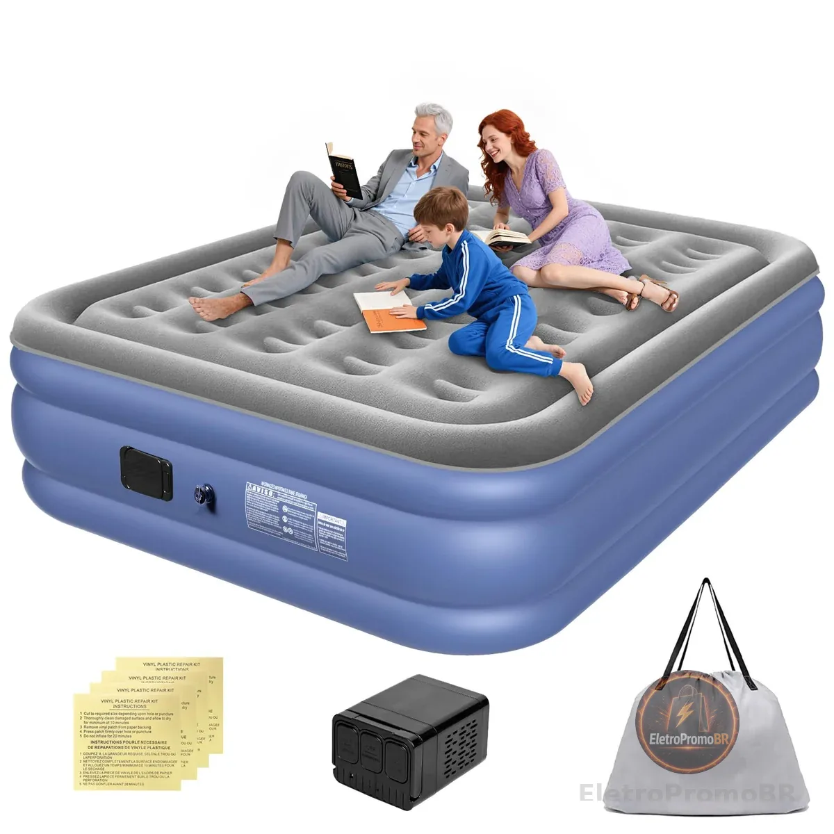 Trailabo Colchão Inflável Queen Size com Bomba de Ar Elétrica Integrada, Infiação e Deflação Rápidas e Automáticas, Recarregável, para Famílias e Camping, Cinza-Azulado