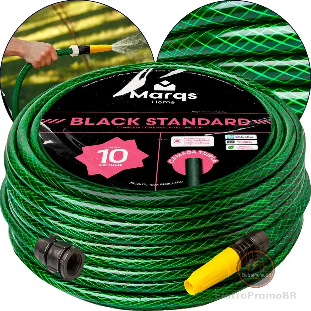 Mangueira De Jardim 10m Metros Com Esguicho Trançada Reforçada Flexível 7/16 Anti Dobra Irrigação Quintal Poço Lavagem Durável Marqs Home Verde