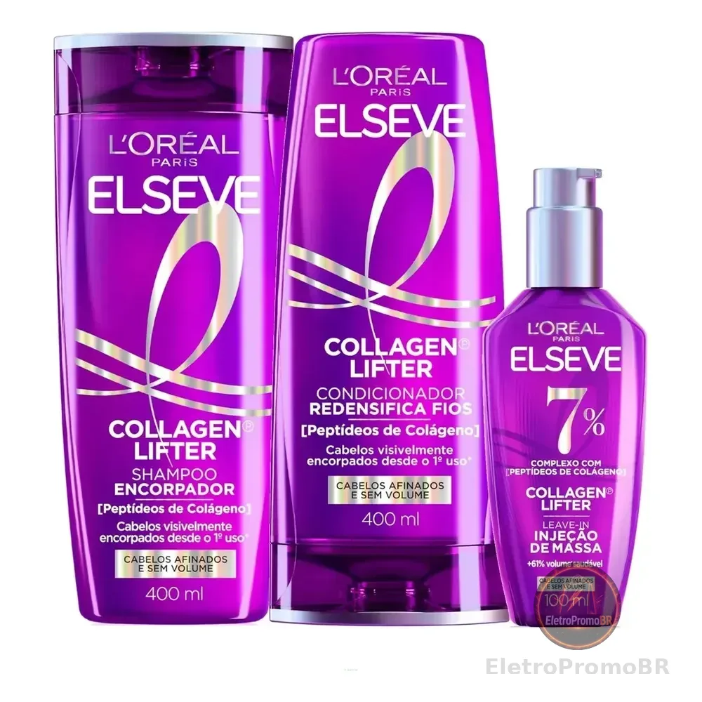 L'oréal Paris Elseve Collagen Lifter Kit Shampoo, Condicionador E Sérum Leave-in Com Peptídeos E Proteção Térmica Para Cabelos Finos, Volume Em 3d, 400ml + 400ml + 100ml