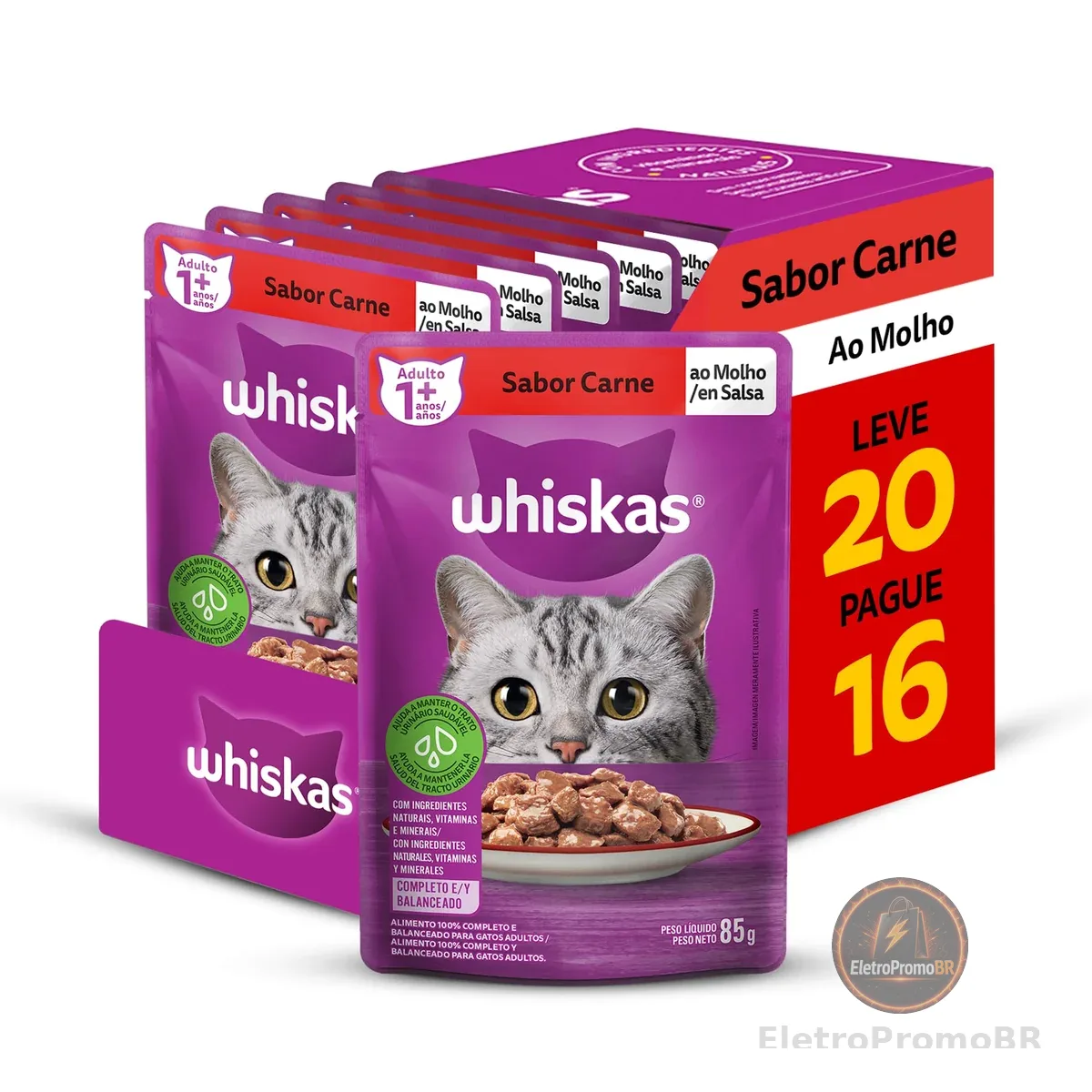 Pack Ração Úmida Whiskas Sachê Carne ao Molho para Gatos Adultos - Leve 20 Pague 16