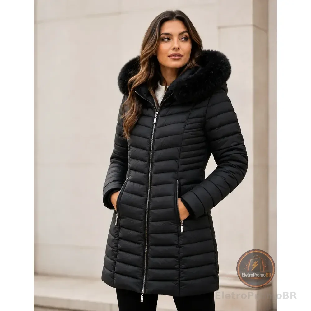 Sobretudo Feminino Forrado Parka Jaqueta Longa Capuz Pelucia Preto M