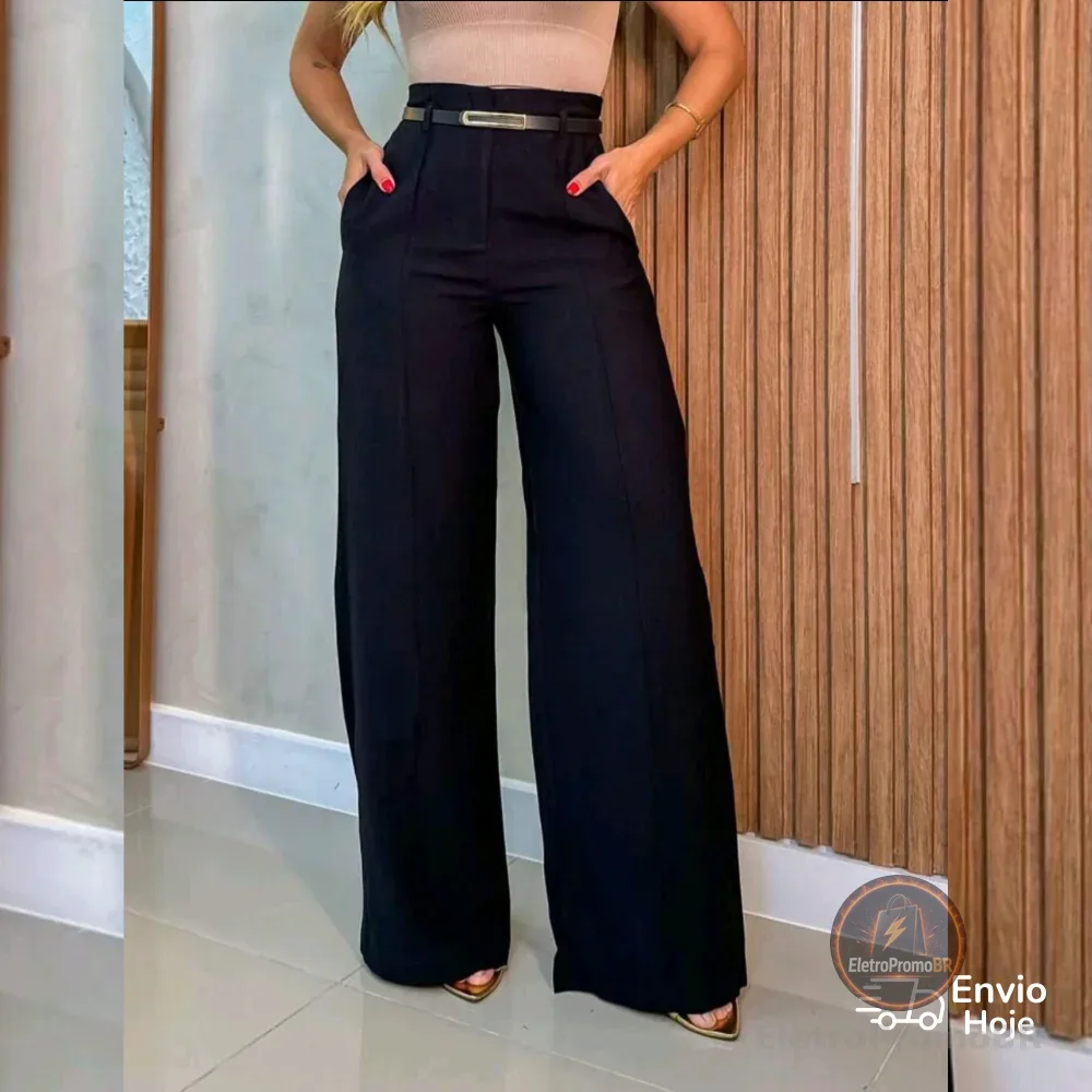 Calça Social Feminina Pantalona Alfaiataria Com Cinto Lançamento Moda Luxo Elegancia Social