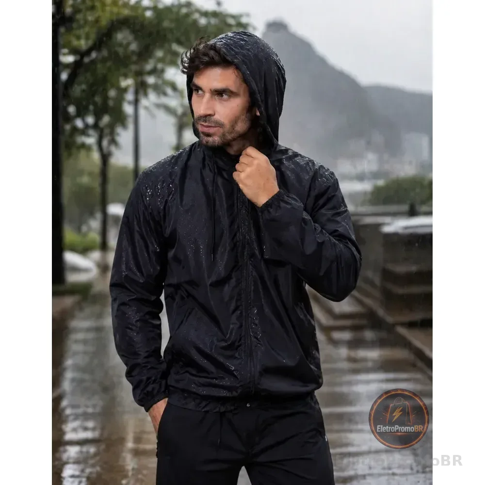 Jaqueta Corta Vento Masculina Impermeável Capuz Zíper Bolso Preto G Lisa