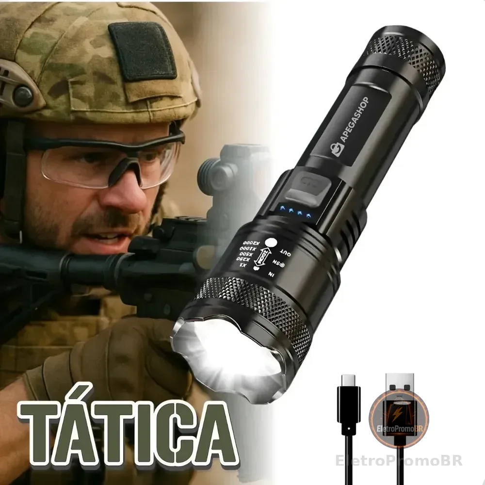 Lanterna Militar Tática Led Cree Recarregável Mais Forte Do Mundo Ultra Potente 1000m Zoom Alto Brilho Resistente Agua Sitio Fazenda Branco Preto
