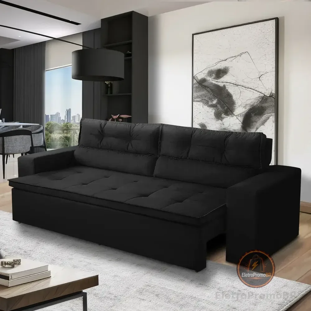 Sofá Retrátil Reclinável 3 Lugares C Molas 1,80m Vegas Suede Cor Preto Liso