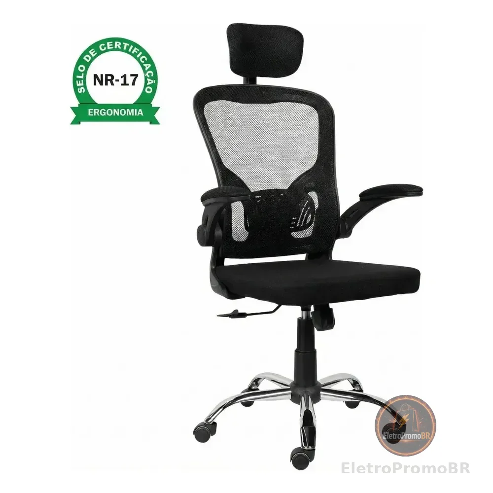 Cadeira Escritório Ergonômica Ajuste Lombar Laudo Nr-17 Giratória Office Estofado Tecido/mesh Marca Brin7 Modelo B7-001-pt Preto Malha