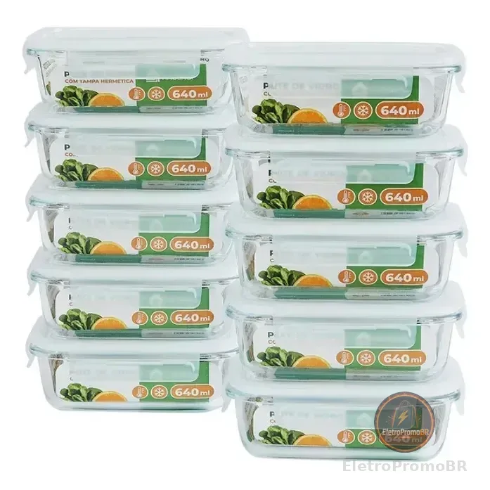 Kit 10 Potes Herméticos De Vidro 640ml Haushop Tampa Vedação Firme Para Geladeira E Despensa Organização Da Cozinha Transparente