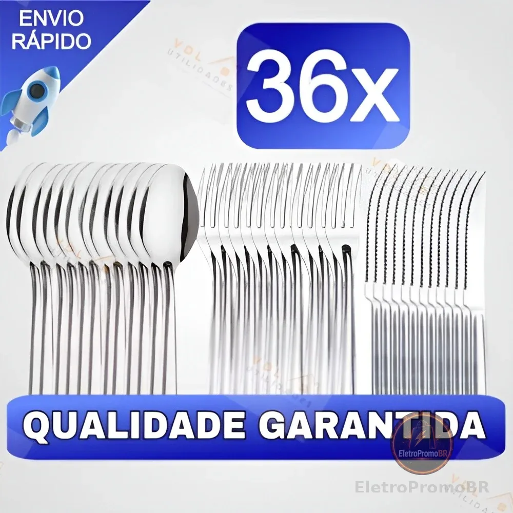 Conjunto Jogo de Talheres 36/18 peças Aço Inox Facas Garfos e Colheres de Mesa Casa Para Restaurante